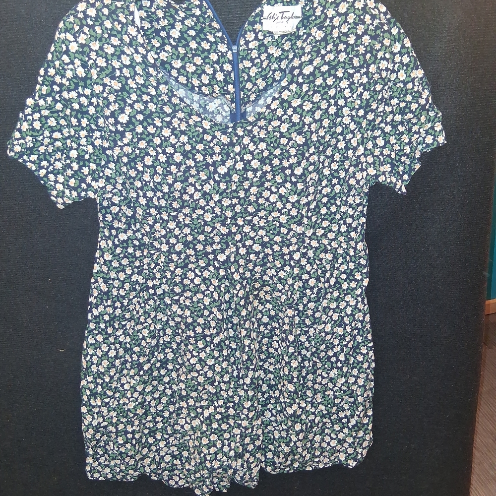 Alix Taylor Vintage Navy Blue White Daisy Floral 100% Rayon Dress Size 12